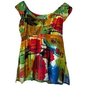 Jams World Tuscany Rayon Top Colorful Sweetheart Neckline Flutter Sleeve Small